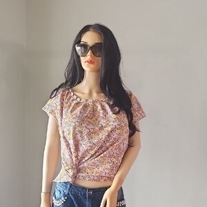 LC Lauren Conrad Pink Floral Gathered-Neck Crop Top